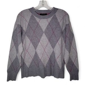 Tahari Argyle Sweater Gray‎ And Purple Women's Medium Soft Stretch Warm